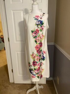 Calvin Klein White Midi Dress with Pink & Blue Floral Print Wedding guest